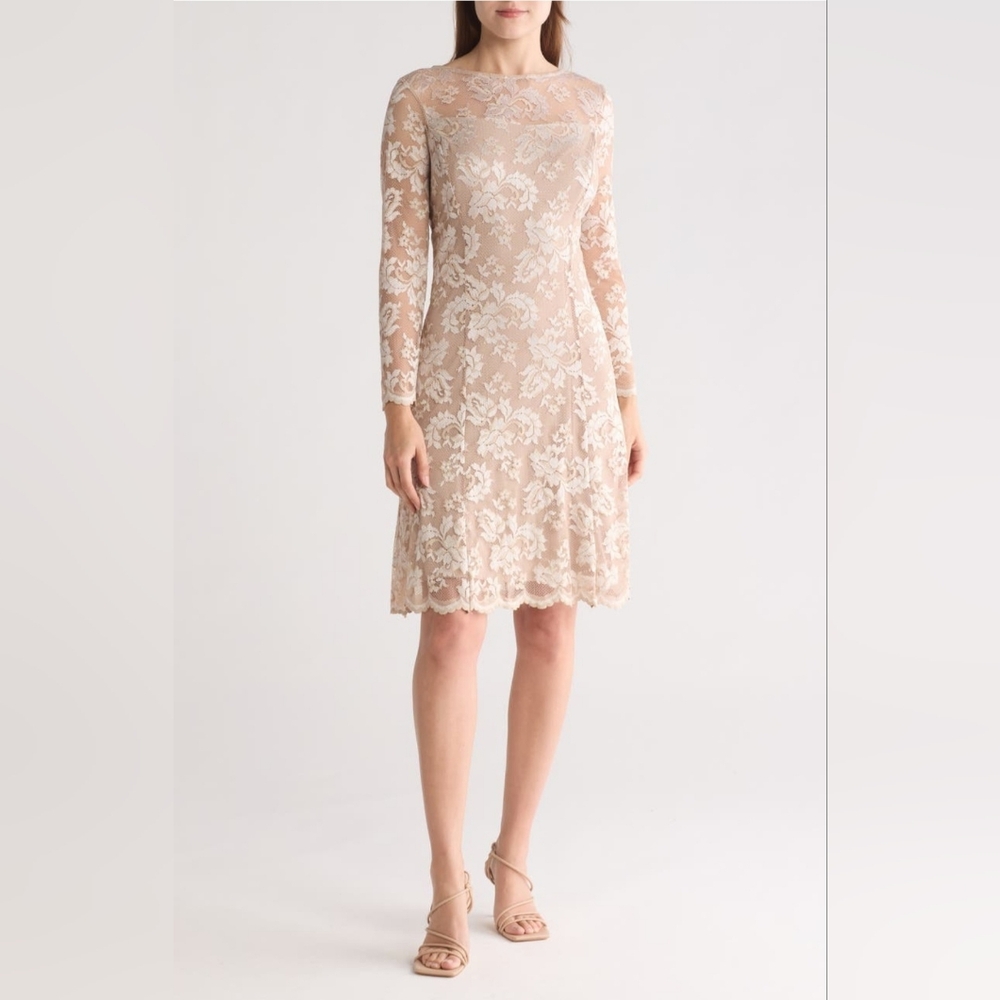 Champagne Lace Wedding Guest Dress Marina Floral Fit & Flare Medium